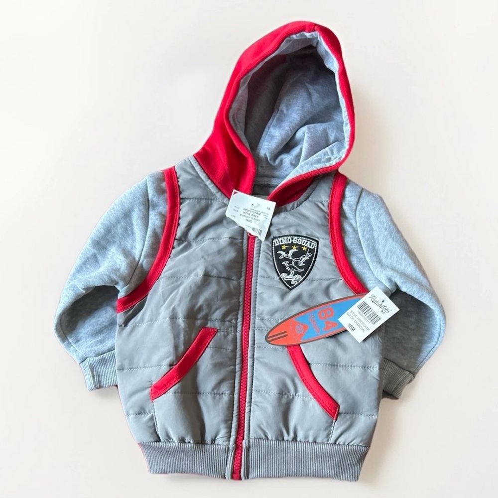 Toddler Baby’s Gray and Red Hooded Jacket